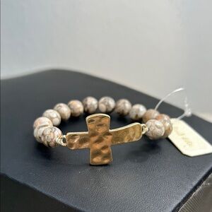 Alter’d State Gold Cross Stone Beaded Stretch Bracelet